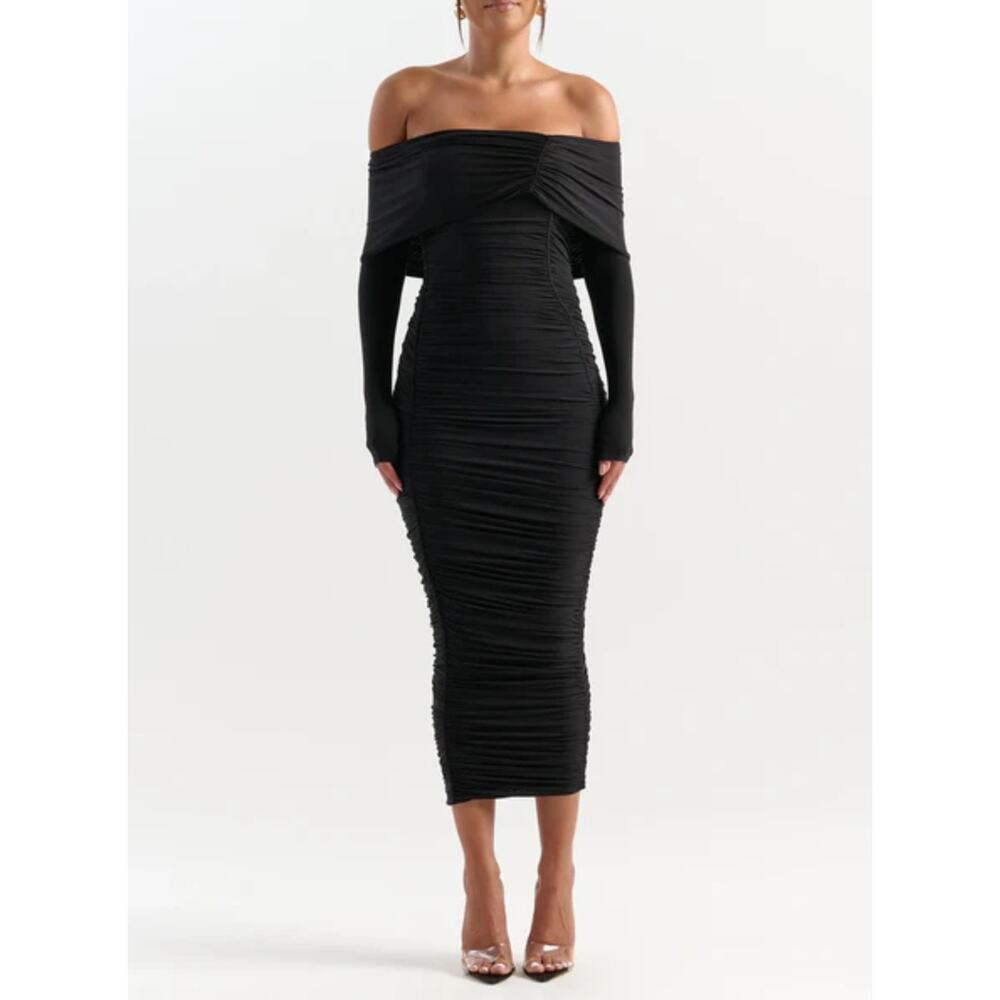 NWT Naked Wardrobe‎ The Shoulderless Ruched Midi Dress in Black